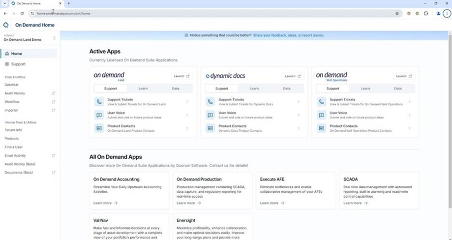 White screenshot taken form On Demand Home contains clean black font, a left hand toolbar. Three main containers entitled On Demand Land, Dynamic Docs, and On Demand Well Operations are seen with icons and tabs to various functions along with a listing of other “All On Demand Apps” software below it.